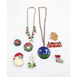 Vintage Christmas Jewelry Lot Brooches Pins Necklaces Holiday Gift‎ Santa Wreath